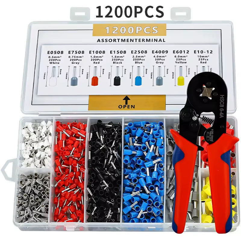1200PCS Wire Ferrule Assortment Kit with Ratcheting Crimp Tool – AWG 8–20 Electrical Terminal Set for HVAC & Commercial Refrigeration