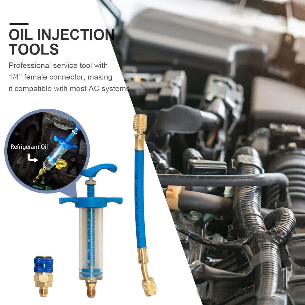 HVAC Refrigerant Oil Injector Kit – 1/4” SAE AC Oil Charging Tool with Hose & Quick Coupler