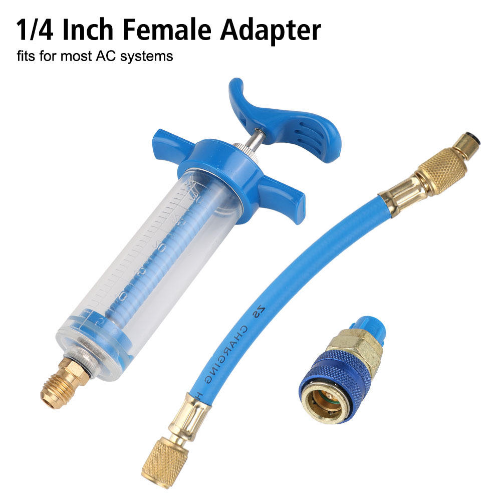 HVAC Refrigerant Oil Injector Kit – 1/4” SAE AC Oil Charging Tool with Hose & Quick Coupler