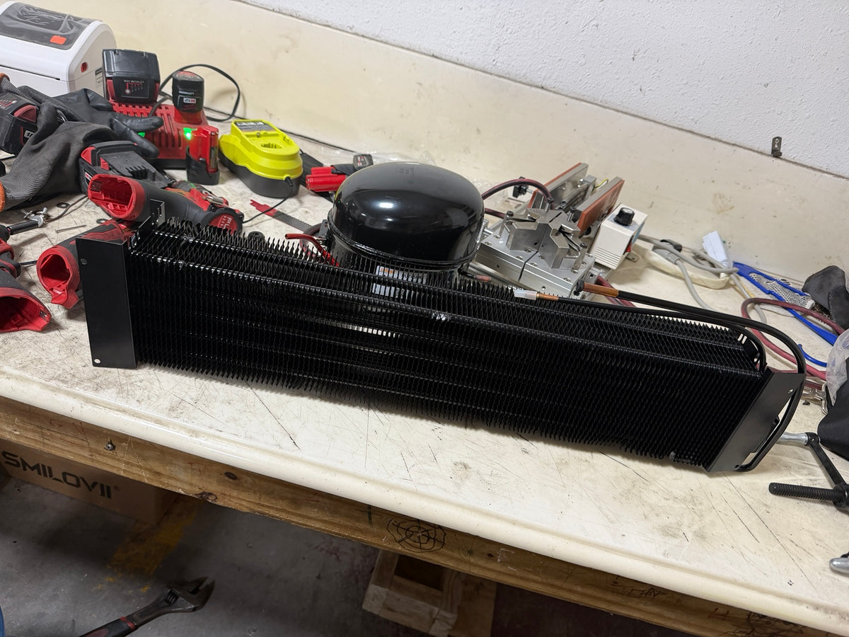 Commercial refrigeration evaporator coil 28 x 6 x 3.5 inches front view